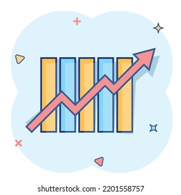 Growing bar graph icon in comic style. Increase arrow vector cartoon illustration pictogram. Infographic progress business concept splash effect.