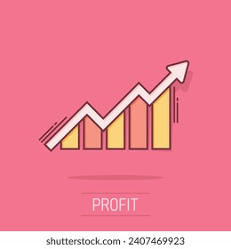 Growing bar graph icon in comic style. Increase arrow vector cartoon illustration pictogram. Infographic progress business concept splash effect.