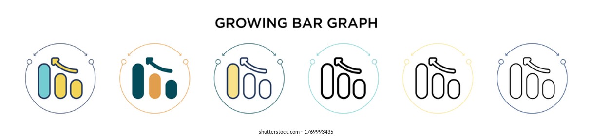 Icono de gráfico de barra de crecimiento en estilo relleno, delgado, contorno y trazo. Ilustración vectorial de dos iconos vectoriales de barras de colores y de crecimiento negro se pueden utilizar para móviles, ui, web