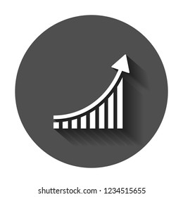 Growing bar graph icon in flat style. Increase arrow vector illustration with long shadow. Infographic progress business concept.