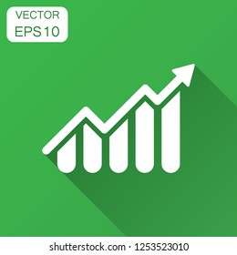 Growing bar graph icon in flat style. Increase arrow vector illustration with long shadow. Infographic progress business concept.