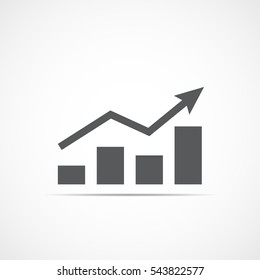 Growing bar graph icon with rising arrow. Financial forecast graph. Gray graphic icon. Vector illustration.