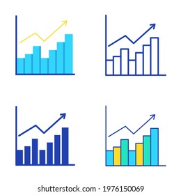 Growing bar graph icon set in flat and line style. Chart with arrow up. Vector illustration.