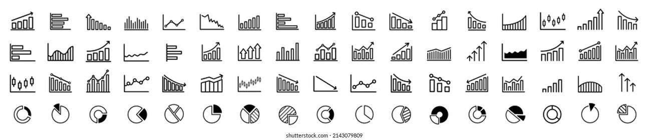 Growing bar graph icon set. Business graphs and charts icons. Statistics and analytics vector icon. Statistic and data, charts diagrams, money, down or up arrow. Vector illustration.