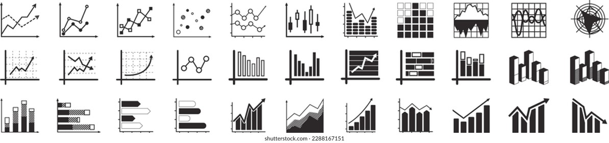 Juego de iconos de gráfico de barras de crecimiento. Gráficos empresariales e iconos de gráficos. gráfico con flecha hacia arriba, gráfico con flecha hacia abajo en color negro. 