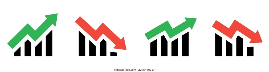 Growing bar graph icon set. Simple chart increase. Progress bar symbol. Green and red arrow.