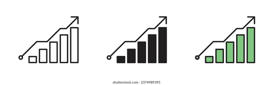 Growing bar graph icon set. increase profit chart vector symbol. financial market stock upward trend sign. performance progress icon.