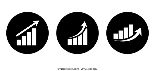 Icono de gráfico de barra de crecimiento en círculo negro. Vector de símbolo de flecha ascendente