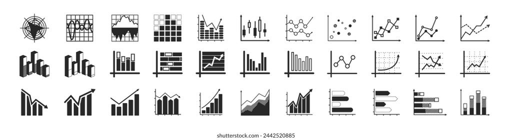 Growing bar graph icon set. Statistics and analytics vector icon. Business graph showing growth vector. Statistics, data, growth, falling and pie chart icons set