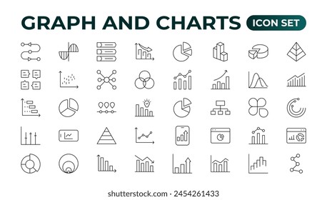 Growing bar graph icon set. Business graphs and charts icons. Statistics and analytics vector icon. Statistic and data, charts diagrams, money, down or up arrow.Outline icon collection.