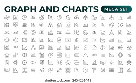 Growing bar graph icon set. Business graphs and charts icons. Statistics and analytics vector icon. Statistic and data, charts diagrams, money, down or up arrow.Outline icon collection.