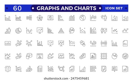 Conjunto de iconos de gráfico de barras creciente. Gráficos de negocios e iconos de gráficos. Icono de Esquema de estadísticas y análisis. Estadísticas y datos, gráficos, diagramas, dinero, flecha abajo o arriba. 
