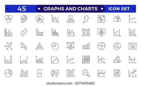 Conjunto de iconos de gráfico de barras creciente. Gráficos de negocios e iconos de gráficos. Icono de Esquema de estadísticas y análisis. Estadísticas y datos, gráficos, diagramas, dinero, flecha abajo o arriba. 
