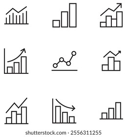 Growing bar graph icon set. Charts linear icon set for web. Statistics icon set, data analysis, infographic. Bar charts, pie charts, line graphs for analytics and metrics. Vector Illustration.