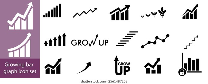 Growing bar graph icon set. Business graphs and charts icons. Statistics and analytics Outline icon. Statistic and data, charts diagrams, money, down or up arrow.