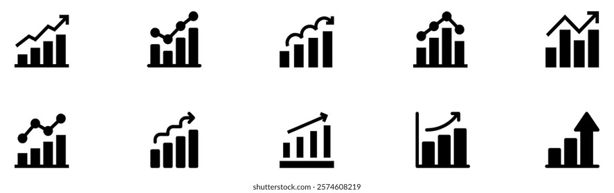 Growing bar graph icon set. Business graphs and charts icons. Statistics and analytics vector icon. Statistic and data, charts diagrams, money, down or up arrow. Vector illustration. EPS 10