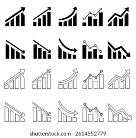 Growing bar graph icon set. Business graphs and charts icons. Diagram of increasing and decreasing profits. Growths chart collection