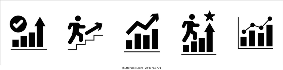 Growing bar graph icon set. Business graphs and charts icons. Statistics and analytics vector icon. Statistic and data, charts diagrams, money, down or up arrow. Vector illustration.
