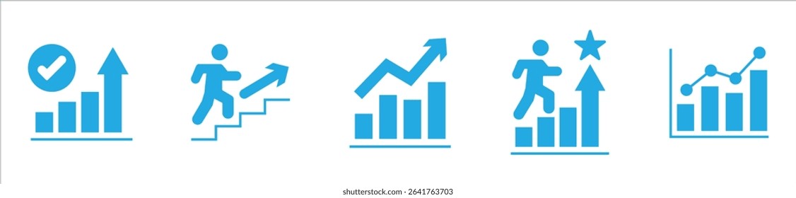 Growing bar graph icon set. Business graphs and charts icons. Statistics and analytics vector icon. Statistic and data, charts diagrams, money, down or up arrow. Vector illustration.