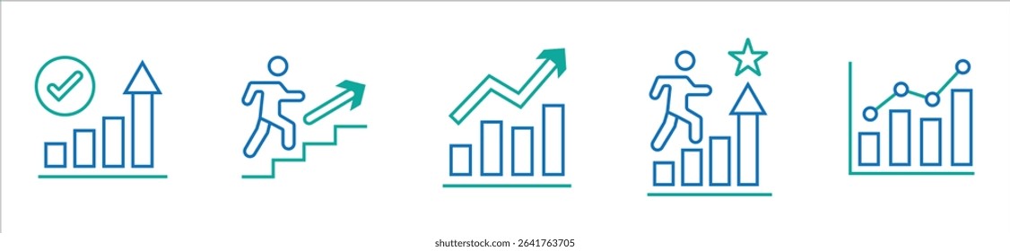 Growing bar graph icon set. Business graphs and charts icons. Statistics and analytics vector icon. Statistic and data, charts diagrams, money, down or up arrow. Vector illustration.