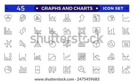 Growing bar graph icon set. Business graphs and charts icons. Statistics and analytics  Outline icon. Statistic and data, charts diagrams, money, down or up arrow. 
