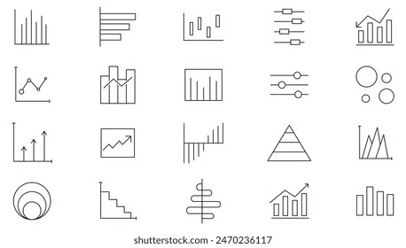 Growing bar graph line icon set. Business graphs and charts icons, line charts, finance report, income growth, economy statistic, gantt diagram, infographic, bar charts.