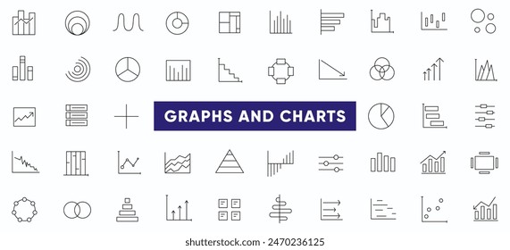 Growing bar graph line icon set. Business graphs and charts icons, line charts, finance report, income growth, economy statistic, gantt diagram, infographic, bar charts.