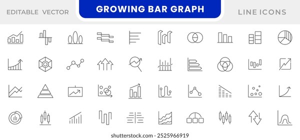 Growing bar graph line icon set. Data, charts diagrams, money, down, chart, grow, graph, statistic, career, bars, loss or down arrow, rate, declining line icon set. UI thin line icon pack.