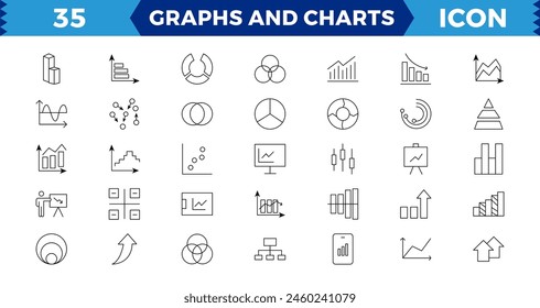 Gráfico de barras creciente Conjunto de iconos de píxeles perfecto.  Iconos de línea de Vector relacionados con gráficos y diagramas. Icono de Vector de estadísticas y análisis. Estadísticas y datos, diagramas de gráficos, flecha abajo o arriba.Trazo editable.
