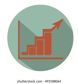 Growing bars graphic icon with rising arrow. Flat vector illustration. Light blue circle with shadow.