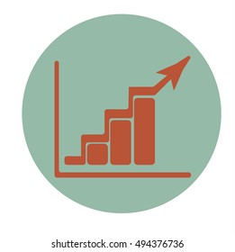 Growing bars graphic icon with rising arrow. Flat vector illustration. Light blue circle.