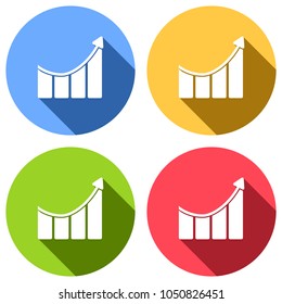 Growing bars graphic with rising arrow icon. Set of white icons with long shadow on blue, orange, green and red colored circles. Sticker style