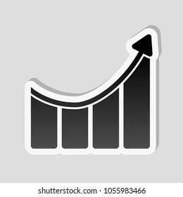 Growing bars graphic with rising arrow icon. Sticker style with white border and simple shadow on gray background