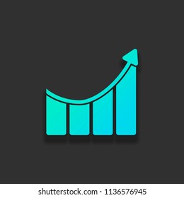 Growing bars graphic with rising arrow icon. Colorful logo concept with soft shadow on dark background. Icon color of azure ocean