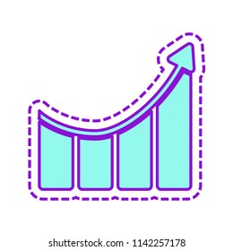 Growing bars graphic with rising arrow icon. Colored sketch with dotted border on white background