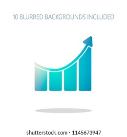 Growing bars graphic with rising arrow icon. Colorful logo concept with simple shadow on white. 10 different blurred backgrounds included
