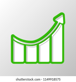 Growing bars graphic with rising arrow icon. Paper style. Cut symbol with green bold contour on shape and simple shadow