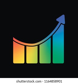 Growing bars graphic with rising arrow icon. Rainbow color and dark background