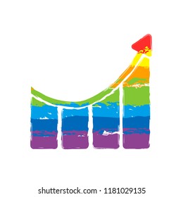 Growing bars graphic with rising arrow icon. Drawing sign with LGBT style, seven colors of rainbow (red, orange, yellow, green, blue, indigo, violet