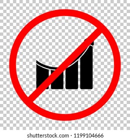 Growing bars graphic with rising arrow icon. Not allowed, black object in red warning sign with transparent background
