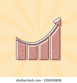 Growing bars graphic with rising arrow icon. Vintage retro typography with offset printing effect. Dots poster with comics pop art background