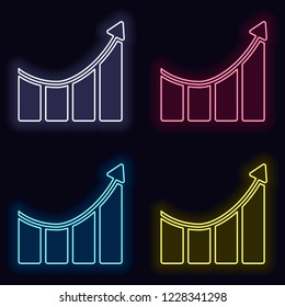 Growing bars graphic with rising arrow icon. Set of fashion neon sign. Casino style on dark background. Seamless pattern