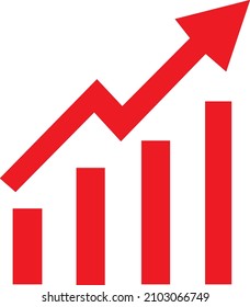 Growing bars graphic with rising arrow. Red flat icon. Vector illustration symbol..eps