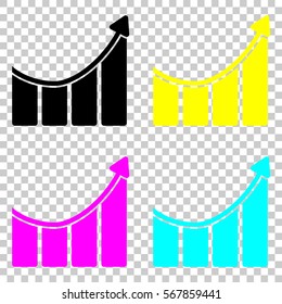 Growing bars graphic with rising arrow icon. Colored set of cmyk icons on transparent background.