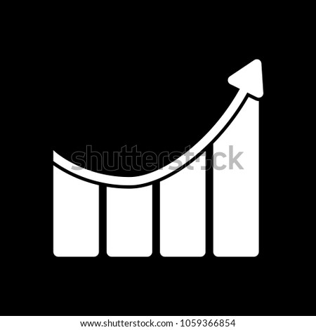 Growing bars graphic with rising arrow icon. White icon on black background. Inversion