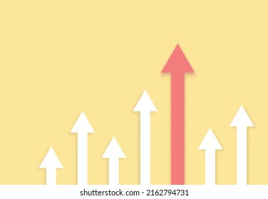 Gráfica de barras de crecimiento con flecha roja ascendente sobre un fondo amarillo. Diseño minimalista. Ilustración del vector