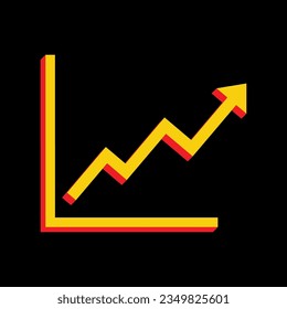 Growing bars graphic sign. 3D Extruded Yellow Icon with Red Sides a Black background. Illustration.