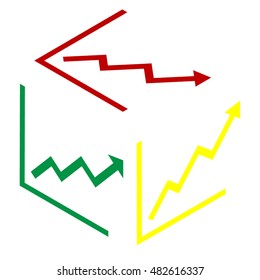 Growing bars graphic sign. Isometric style of red, green and yellow icon.