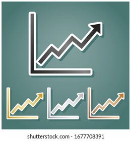 Growing bars graphic sign. Set of metallic Icons with gray, gold, silver and bronze gradient with white contour and shadow at viridan background. Illustration.