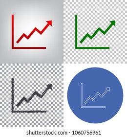Growing bars graphic sign. Vector. 4 styles. Red gradient in radial lighted background, green flat and gray scribble icons on transparent and linear one in blue circle.